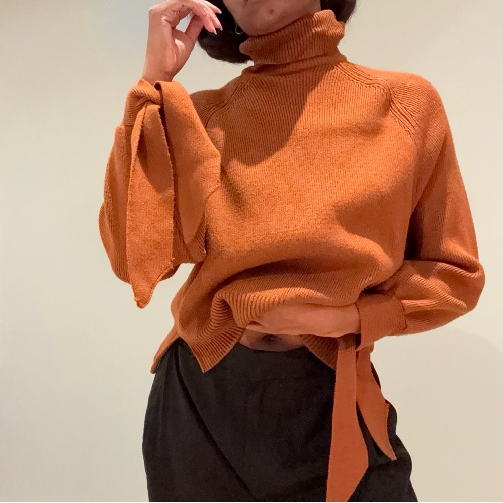 Zara Brown Knit Turtleneck Sweater Tie Sleeve Detail, size Small